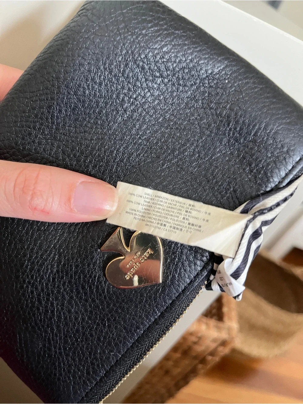 kate spade Pebbled Black Leather Wristlet with Gold Spade Emblem